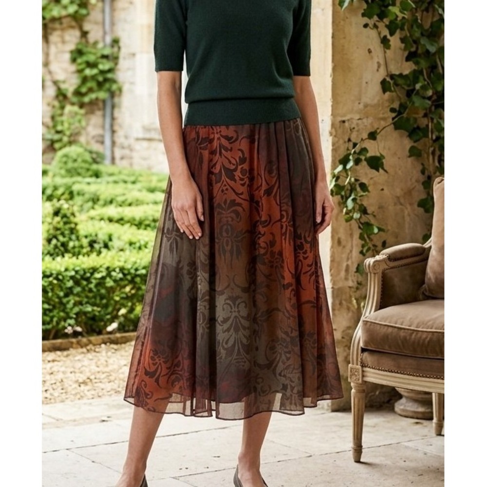 J. Jill 6T 100% Silk Chiffon Overlay Midi Skirt Elastic Damask Print Earth Tones